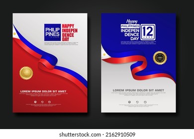 Set poster design Philippines happy Independence Day background template with elegant ribbon-shaped flag, gold circle ribbon. vector illustration