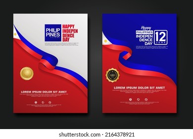 Set poster design Philippines happy Independence Day background template with elegant ribbon-shaped flag, gold circle ribbon. vector illustration