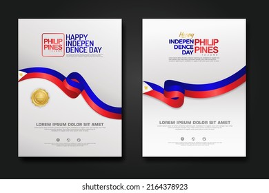 Set Poster Design Philippines Happy Independence Day-Hintergrundvorlage mit eleganter, bandförmige Flagge, goldener Kreis Band. Vektorgrafik