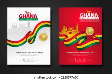 Set poster design Republic Ghana happy Independence Day background template with elegant ribbon-shaped flag, gold circle ribbon and silhouette Estonia city. vector illustrations