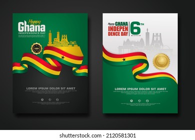 Set poster design Republic Ghana happy Independence Day background template with elegant ribbon-shaped flag, gold circle ribbon and silhouette Estonia city. vector illustrations