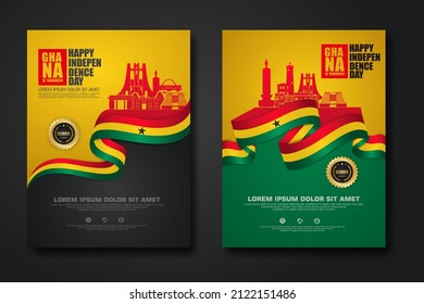 Set poster design Republic Ghana happy Independence Day background template with elegant ribbon-shaped flag, gold circle ribbon and silhouette Estonia city. vector illustrations