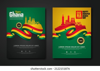 Set poster design Republic Ghana happy Independence Day background template with elegant ribbon-shaped flag, gold circle ribbon and silhouette Estonia city. vector illustrations