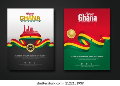 Set poster design Republic Ghana happy Independence Day background template with elegant ribbon-shaped flag, gold circle ribbon and silhouette Estonia city. vector illustrations