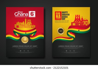 Set poster design Republic Ghana happy Independence Day background template with elegant ribbon-shaped flag, gold circle ribbon and silhouette Estonia city. vector illustrations