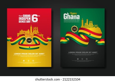 Set poster design Republic Ghana happy Independence Day background template with elegant ribbon-shaped flag, gold circle ribbon and silhouette Estonia city. vector illustrations
