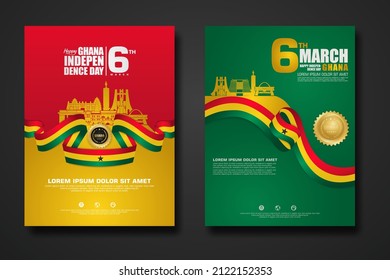 Set poster design Republic Ghana happy Independence Day background template with elegant ribbon-shaped flag, gold circle ribbon and silhouette Estonia city. vector illustrations