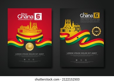 Set poster design Republic Ghana happy Independence Day background template with elegant ribbon-shaped flag, gold circle ribbon and silhouette Estonia city. vector illustrations