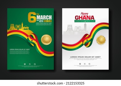 Set poster design Republic Ghana happy Independence Day background template with elegant ribbon-shaped flag, gold circle ribbon and silhouette Estonia city. vector illustrations