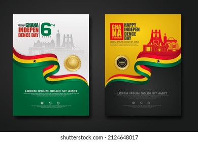 Set poster design Republic Ghana happy Independence Day background template with elegant ribbon-shaped flag, gold circle ribbon and silhouette ghana city. vector illustrations