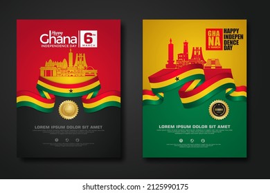 Set poster design Republic Ghana happy Independence Day background template with elegant ribbon-shaped flag, gold circle ribbon and silhouette Estonia city. vector illustrations