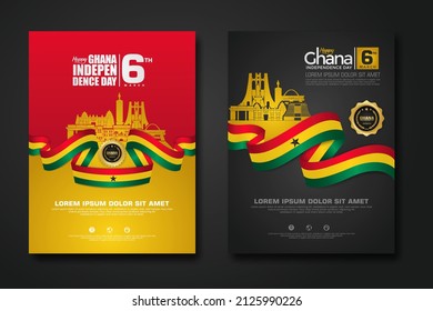 Set poster design Republic Ghana happy Independence Day background template with elegant ribbon-shaped flag, gold circle ribbon and silhouette Estonia city. vector illustrations