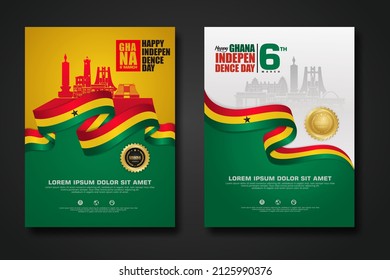 Set poster design Republic Ghana happy Independence Day background template with elegant ribbon-shaped flag, gold circle ribbon and silhouette Estonia city. vector illustrations