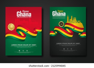 Set poster design Republic Ghana happy Independence Day background template with elegant ribbon-shaped flag, gold circle ribbon and silhouette Estonia city. vector illustrations