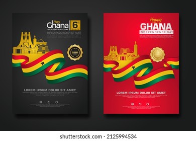 Set poster design Republic Ghana happy Independence Day background template with elegant ribbon-shaped flag, gold circle ribbon and silhouette Estonia city. vector illustrations