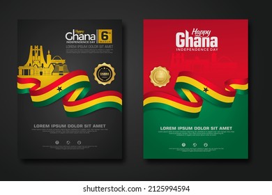 Set poster design Republic Ghana happy Independence Day background template with elegant ribbon-shaped flag, gold circle ribbon and silhouette Estonia city. vector illustrations