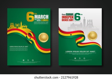 Set poster design Republic Ghana happy Independence Day background template with elegant ribbon-shaped flag, gold circle ribbon and silhouette Estonia city. vector illustrations