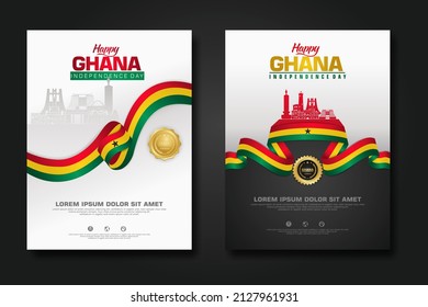 Set poster design Republic Ghana happy Independence Day background template with elegant ribbon-shaped flag, gold circle ribbon and silhouette Estonia city. vector illustrations