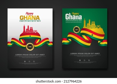 Set poster design Republic Ghana happy Independence Day background template with elegant ribbon-shaped flag, gold circle ribbon and silhouette Estonia city. vector illustrations