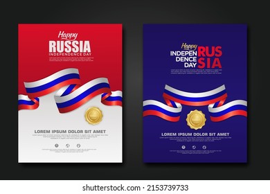 Set poster design Russia happy Independence Day background template with elegant ribbon-shaped flag, and gold circle ribbon. vector illustrations