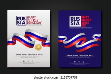 Set poster design Russia happy Independence Day background template with elegant ribbon-shaped flag, and gold circle ribbon. vector illustrations