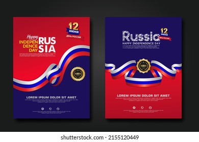 Set poster design Russia happy Independence Day background template with elegant ribbon-shaped flag, and gold circle ribbon. vector illustrations