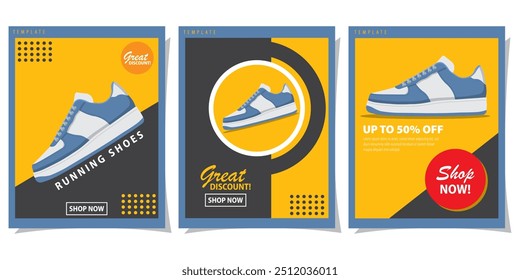 Set of poster design with sneakers or running shoes vector. Set, illustration, footwear, sport, design, lifestyle, run, man, fashion, fitness, foot, training. Can use for poster, banner, brochure. 