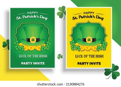 Set of poster design for St Patrick's Day festive holiday celebration of irish culture. Decorative elements hat, clover leaf and golden lucky coins vector illustration