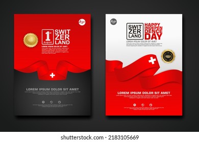 Set poster design Switzerland happy Independence Day background template with elegant ribbon-shaped flag, gold circle ribbon. vector illustrations