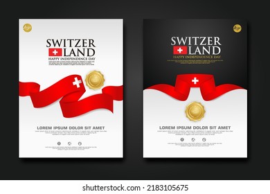 Set poster design Switzerland happy Independence Day background template with elegant ribbon-shaped flag, gold circle ribbon. vector illustrations