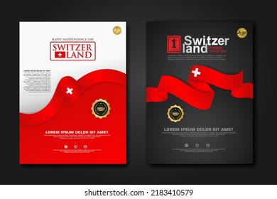 Set Poster Design Switzerland Happy Independence Day Background Template With Elegant Ribbon-shaped Flag, Gold Circle Ribbon. Vector Illustrations