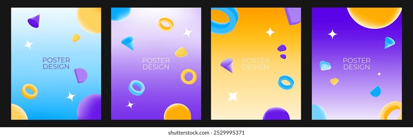 Satz von Poster-Design-Vorlagen mit Geometrie-3D-Formen, Farbverläufen und bunten Hintergründen. digitales Marketing, Veranstaltungskampagnen, kreative Grafikprojekte