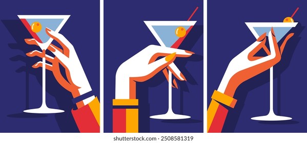 Eine Reihe von Poster-Design-Vorlagen für eine Sommerparty. Ein Martiniglas in der Hand einer Frau. Vektorgrafik im minimalistischen Stil.