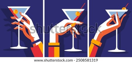 A set of poster design templates for a summer party. A martini glass in a woman's hand. Vector illustration in a minimalistic style.