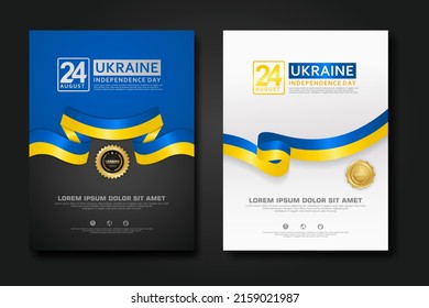 Set poster design Ukraine happy Independence Day background template with elegant ribbon-shaped flag, gold circle ribbon. vector illustration