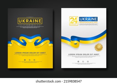 Set poster design Ukraine happy Independence Day background template with elegant ribbon-shaped flag, gold circle ribbon. vector illustration