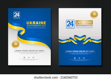 Set poster design Ukraine happy Independence Day background template with elegant ribbon-shaped flag, gold circle ribbon. vector illustration