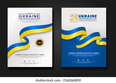 Set poster design Ukraine happy Independence Day background template with elegant ribbon-shaped flag, gold circle ribbon. vector illustration