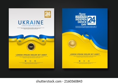 Diseñar afiches para Ucrania feliz Día de la Independencia plantilla de fondo con elegante bandera en forma de cinta, cinta de círculo dorado. ilustración vectorial
