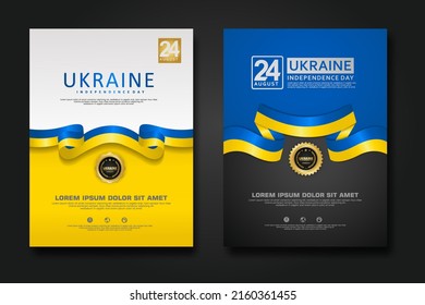 Set poster design Ukraine happy Independence Day background template with elegant ribbon-shaped flag, gold circle ribbon. vector illustration