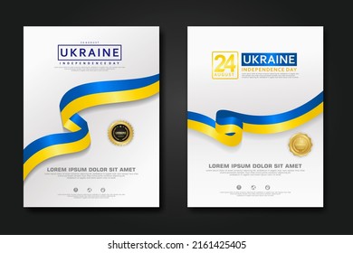 Set Poster Design Ukraine Happy Independence Day Background Template With Elegant Ribbon-shaped Flag, Gold Circle Ribbon. Vector Illustration