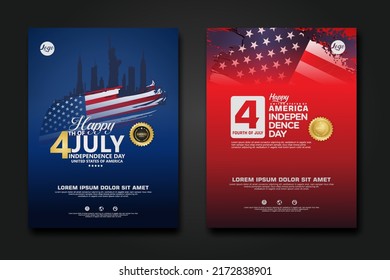 Set poster design united states of America happy Independence Day background template with elegant ribbon-shaped flag, gold circle ribbon. vector illustration
