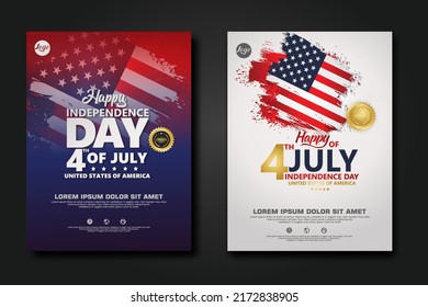 Set poster design united states of America happy Independence Day background template with elegant ribbon-shaped flag, gold circle ribbon. vector illustration