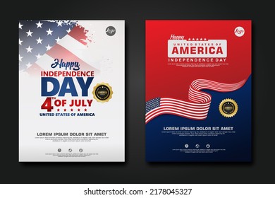 Set poster design united states of America happy Independence Day background template with elegant ribbon-shaped flag, gold circle ribbon. vector illustration