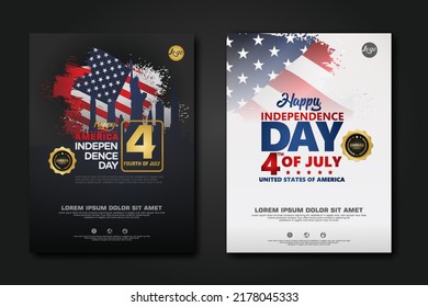 Set poster design united states of America happy Independence Day background template with elegant ribbon-shaped flag, gold circle ribbon. vector illustration