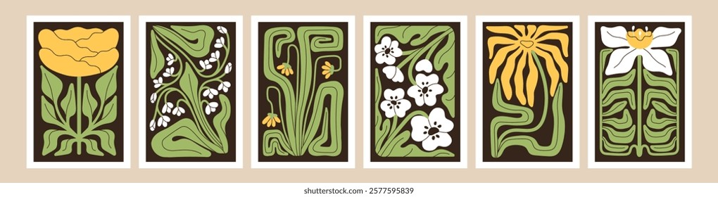 Set of poster designs with abstract flowers. Crooked wildflowers with twisted green leaves on cards with frame. Irregular bloom plants, floral shapes on modern wall art. Flat vector illustrations