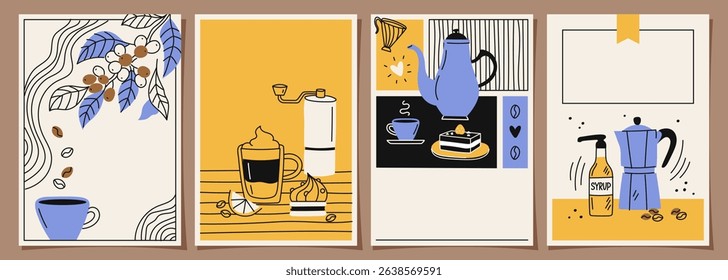 Set of poster designs with coffee beans and leaves on minimal background for invitations, cards, covers, cafe menu or other design template. Vector doodle illustration
