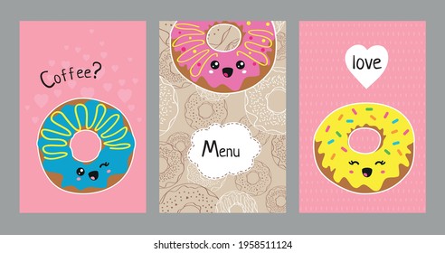 Juego de diseños de afiches con donuts graciosos. Estilo Kawaii. La comida es dulce, con un fondo rosa y beige. Para el diseño de menús, vitrinas o el sitio de una pastelería o cafetería.