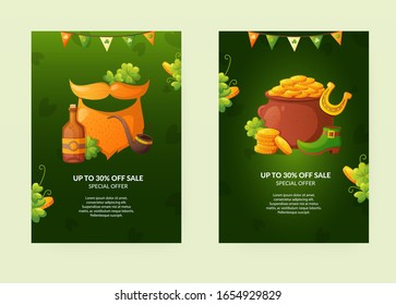 Set of poster designs for St. Patrick's Day. Green shamrock, lucky coins and symbols of Ireland with greeting text.