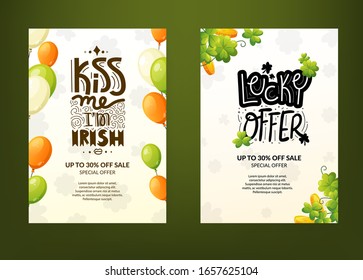 Set of poster designs for St. Patrick's Day. Green shamrock, lucky coins and symbols of Ireland with greeting text.